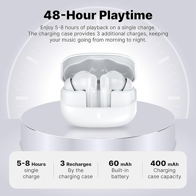 Wireless Earbuds Bluetooth 5.3 Headphones, Lightweight in-Ear Design with Deep Bass, 48HPlaytime, Touch Control, IPX5 Waterproof Earphones for Sports Workout (White)