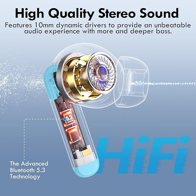kurdene Wireless Earbuds, Bluetooth 5.3 in Ear Buds Light Weight Headphones with Deep Bass Sound,48 Hours Playtime Headset,Clear Calls Earphones with Mics for Sports Workout Blue