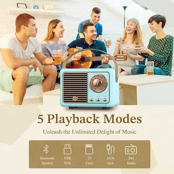 PRUNUS J-999 Retro Bluetooth Speaker,Vintage Decor,Mini Wireless Bluetooth Speaker,Cute Old Fashion Style Support USB/TF Card/AUX for Kitchen Desk Bedroom Office Party Outdoor(Blue)