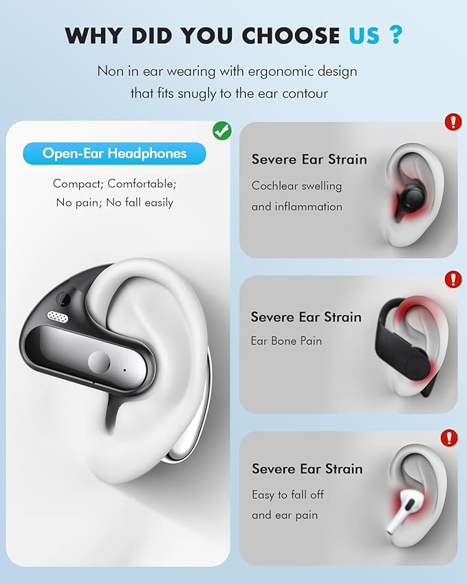 Open Ear Earbuds, Wireless Ear Buds,Earhook Earbuds with 40H Playtime,IPX7 Waterproof Sports Bluetooth Earphones,Bluetooth 5.3 Ultra Comfort Open Ear Headphones Wireless,Clear Calls