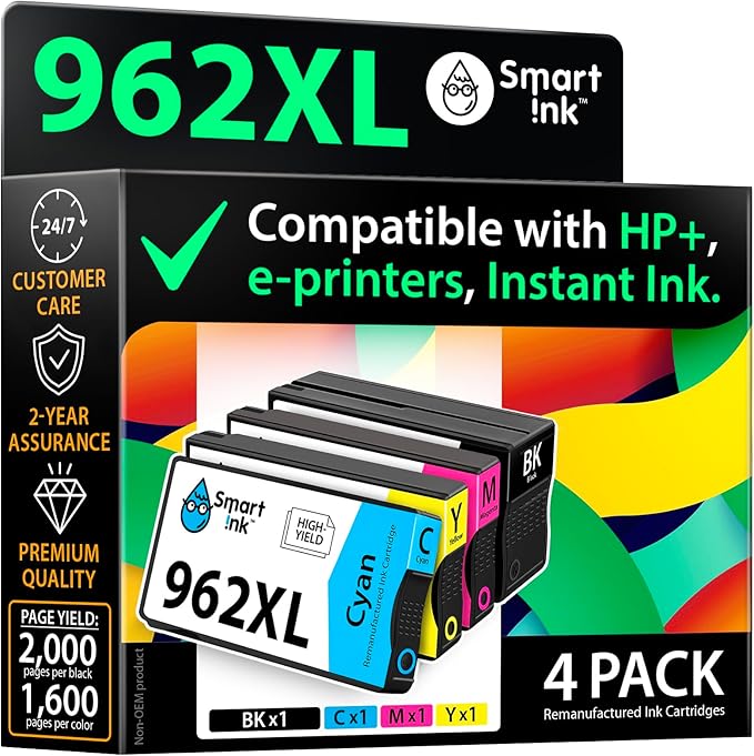 Smart Ink Remanufactured Ink Cartridges Replacement for HP 962XL 962 XL Combo Pack (962XL Black, Cyan, Magenta, Yellow) to use with OfficeJet Pro 9015e 9018e 9025e 9012e 9015 9010 9012 9018 9020 9025