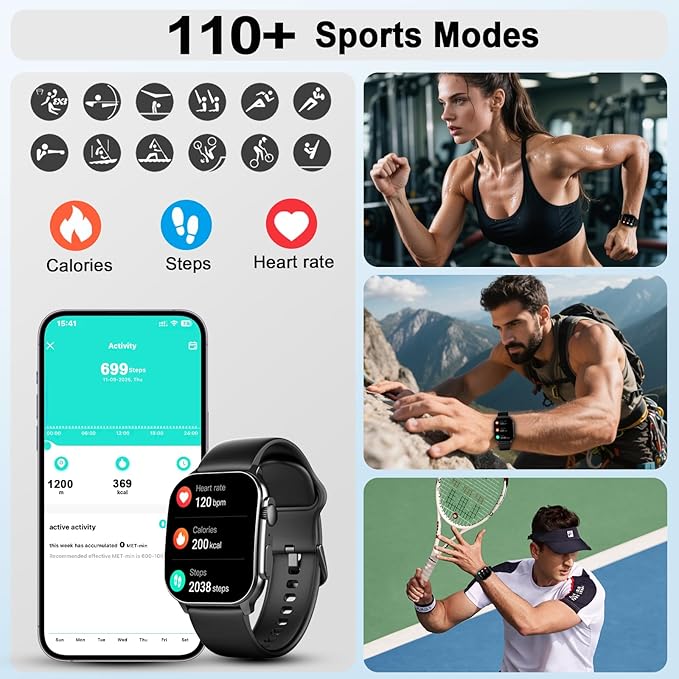 Smart Watches for Women Men, 2.01" AMOLED Curved Display Smart Watch with 100+ Workout Modes, Precision Motion Algorithm, Bluetooth Call & Text, Health, Fitness Tracker, Alexa Built-in IP68 Waterproof