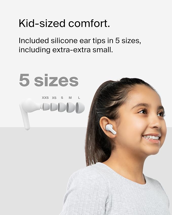 Belkin SoundForm Nano 2 Bluetooth Earbuds for Kids with Built-in Microphone, 28H Battery Life, Safe 85dB Volume, IPX5 Water Resistance - Kids Bluetooth Earbuds for iPhone, iPad, Galaxy, & More - White