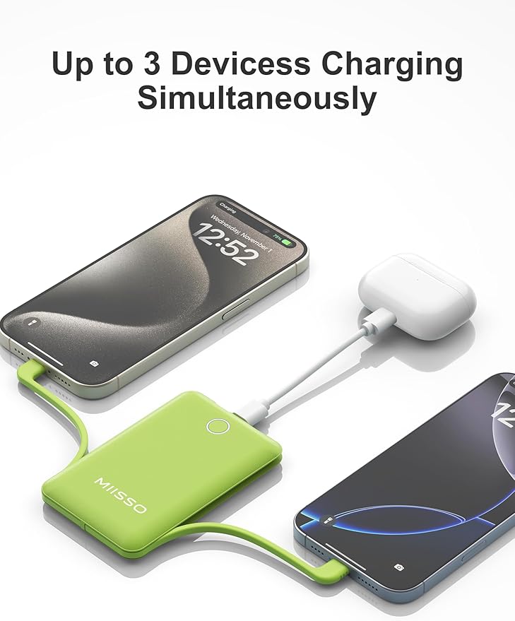 10000mAh Compatible with iPhone 15/16/17 (Only) Slim Portable Charger with Built in Cable, Power Bank Travel Charger External Battery Pack for Phone, 3 Output USB Type C Cord Clutch Charger, Green