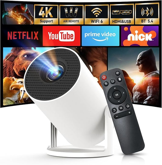 Built-in Apps & 2025 Upgraded Smart Projector with Wi-Fi 6 & Bluetooth 5.4, 1080P 4K Support Full HD, Auto Keystone 360° Portable Home Cinema Mini Projector for iOS/Android OptiBarrel 500