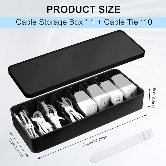 Tatuo 2 Pcs Cable Organizer Box with Wire Ties, Plastic Cord Storage Box with Lid, Electronics Organizer for Home Office Desk Organizers and Accessories (10.79'' X 3.78'' X 1.97'',Black)