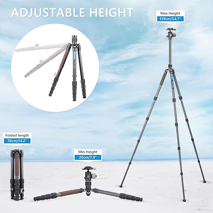 Carbon Fiber Lightweight Travel Tripod with 360° Ball Head, Reverse Folding, Removable Center Column, Folded Height 36cm, Maximum Load 8KG