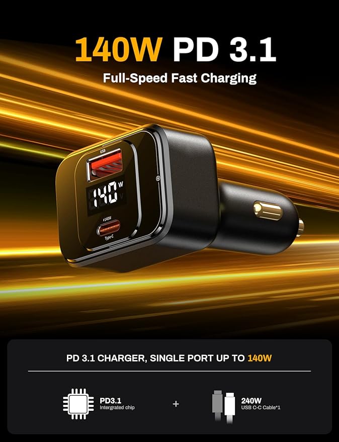 PD3.1 140W Single Port Max Output Power USB-C Car Charger, 170W Max 2-Port Type-C Fast Car Charger with Real-Time Display for MacBook, Laptop, iPhone 17/16/15/14, Samsung S25/24, Drone and More