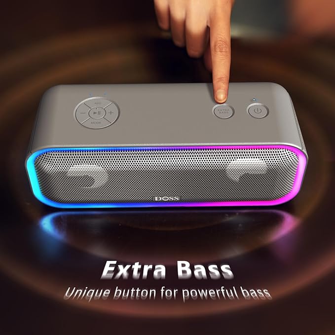 DOSS SoundBox Pro+ Bluetooth Speaker with 24W Impressive Sound, Booming Bass, IPX6 Waterproof, 15Hrs Playtime, Wireless Stereo Pairing, Mixed Colors Lights, 66 FT- Grey