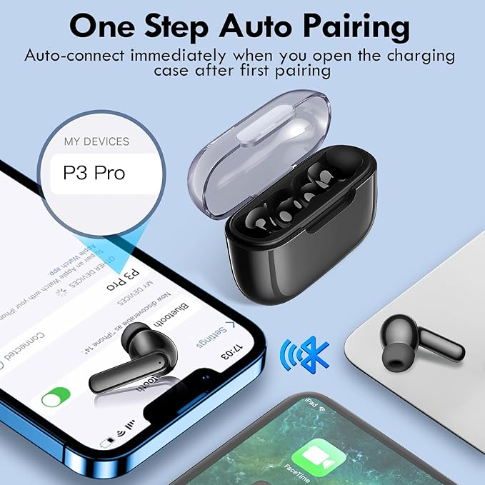 kurdene Wireless Earbuds, Bluetooth 5.3 in Ear Buds Light Weight Headphones with Deep Bass Sound,48 Hours Playtime Headset,Clear Calls Earphones with Mics for Sports Workout Black