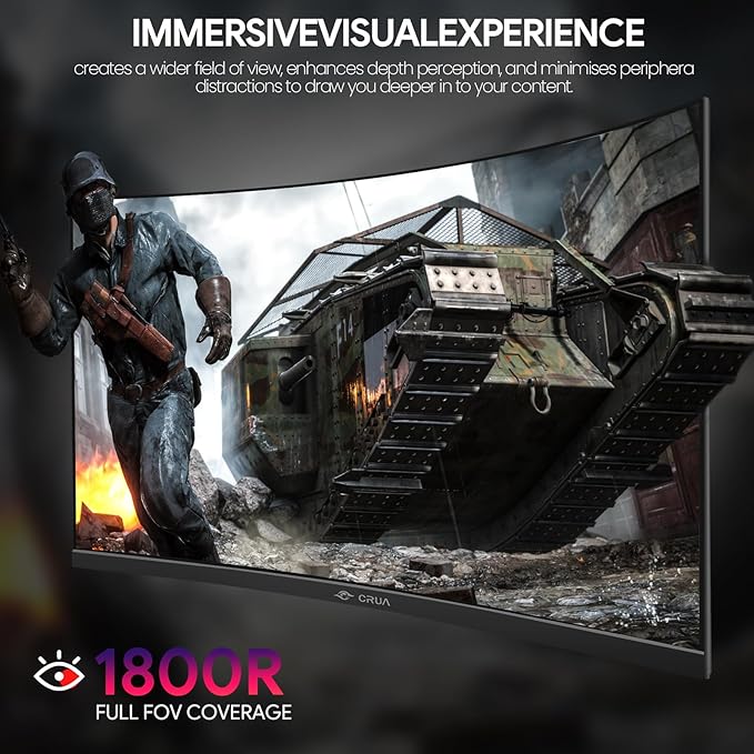 CRUA 27" Curved Gaming Monitor, FHD 1920x1080P, 144Hz/180Hz Computer Monitor, 1800R VA Screen, 120% sRGB, AMD FreeSync, HDMI & DP, Wall Mount Install- Black