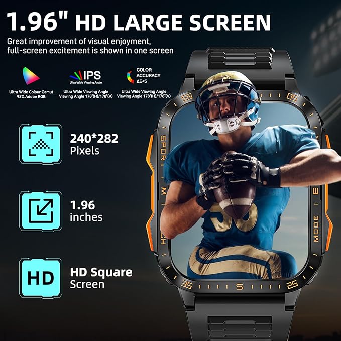 Military Smart Watches for Men (Make/Answer Call) with LED Flashlight 1.96" Screen 430mAh Fitness Tracker with Sport Modes Heart Rate Sleep Monitor Rugged Smartwatch for iPhone Android