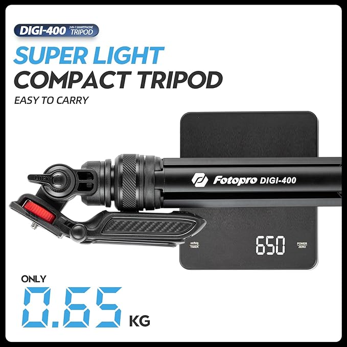 Fotopro 55” Camera Tripod 2in1 Hidden Cold Shoe Phone Clip Portable Travel Tripod Stand with Fluid Video Head, 1.5lbs Lightweight Aluminum Max Load 6.6lbs