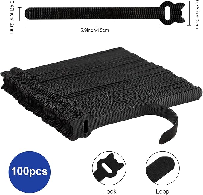 100PCS Reusable Cable Ties, 6 Inches Adjustable Hook and Loop Cord Straps, Multi Purpose Cable Management Wire Ties for Home, Office & Data Centers Black