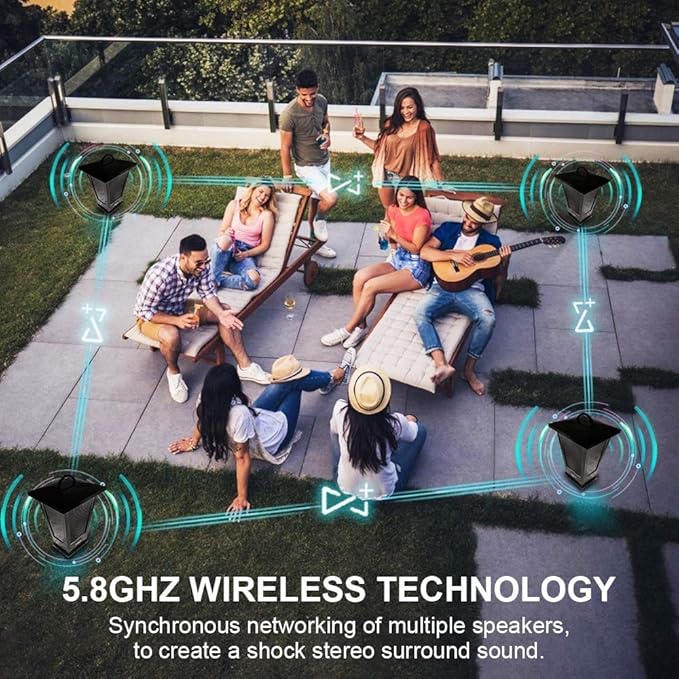 pohopa Bluetooth Speaker Waterproof, Portable Outdoor Wireless Speaker with LED Strip Lights Around, Support 2 or More Speakers 5.8Ghz Pairing Sync Shared Audio,Lantern Design Black