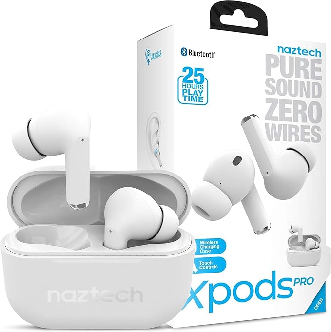 Naztech Xpods PRO Ear Buds - (White) True Wireless Earbuds Noise Cancelling Earbuds Wireless Bluetooth Earphone for Gym Sound Cancelling in Ear Headphones Fitness Earphones Includes Charging Case
