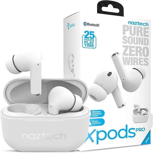 Naztech Xpods PRO Ear Buds - (White) True Wireless Earbuds Noise Cancelling Earbuds Wireless Bluetooth Earphone for Gym Sound Cancelling in Ear Headphones Fitness Earphones Includes Charging Case