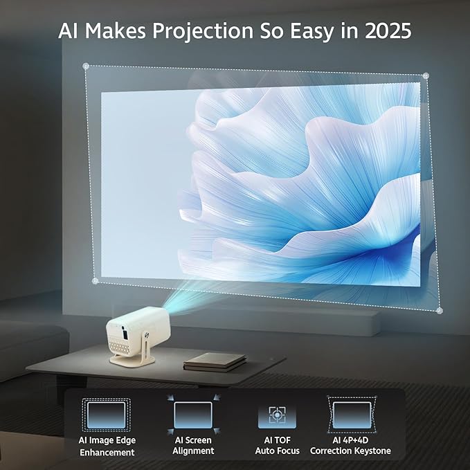 [1200 ANSI/Smart TV OS/Built-in APPs/Auto Focus&Keystone] 2025 Upgraded AI 4K Projector with WiFi and Bluetooth, Native1080P Outdoor Proyector with Netflix/YouTube/PrimeVideo, 270°Stand 300" Display