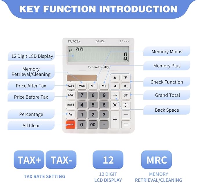 Desktop Calculator Large Display Big Buttons with 12 Digits 2-line LCD, Dual Solar Power and Battery, Calculator with Tax and Check Function for Office, Home, School and Business Large Size（OA-608）
