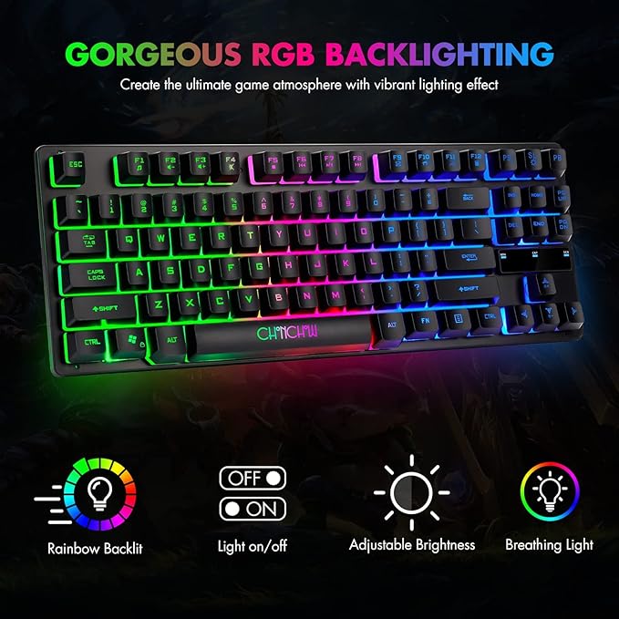 CHONCHOW 87-Key RGB Backlit Compact Gaming Keyboard - USB Wired Tenkeyless Keyboard for Laptop, PS4, Xbox, PC Gaming and Work