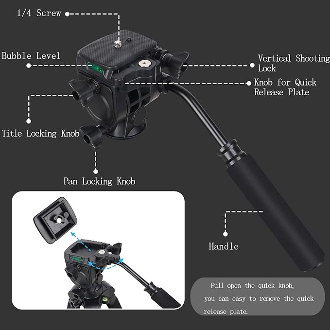 Fluid Head Video Tripod, Stable Tripod with 2-in-1 Monopod,1/4 inch Screws Fluid Drag Pan Head and Carry Bag for Nikon Canon Sony DSLR Cameras Video Camcorders