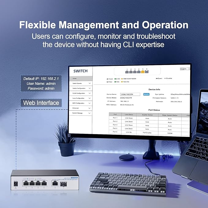 10G Web Managed Switch, 4x2.5G RJ45 + 10G RJ45 + 10G SFP Ports, LACP/VLAN/QoS, Fanless Metal, YuLinca Ethernet Switch for NAS/Gaming/8K Streaming