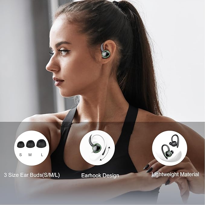 Wireless Earbuds, Bluetooth 5.3 Headphones Sport, Over Ear Buds With ENC Noise Cancelling Mic, 48H, Wireless Earphone With Earhooks, Stereo Deep Bass, IP7 Waterproof Headset for Workout Running, Black