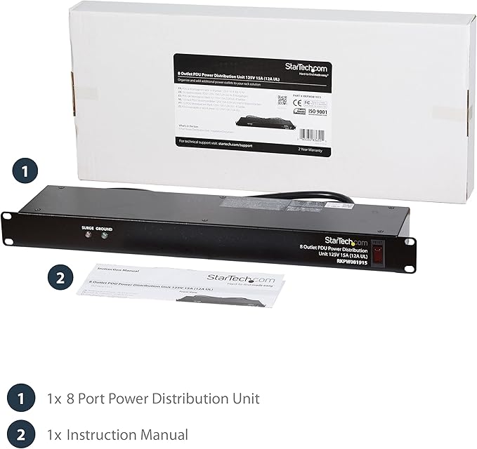 StarTech.com 8 Outlet Horizontal 1U Rack Mount PDU Power Strip for Network Server Racks - Surge Protection - 120V/15A - w/ 6ft Power Cord (RKPW081915)