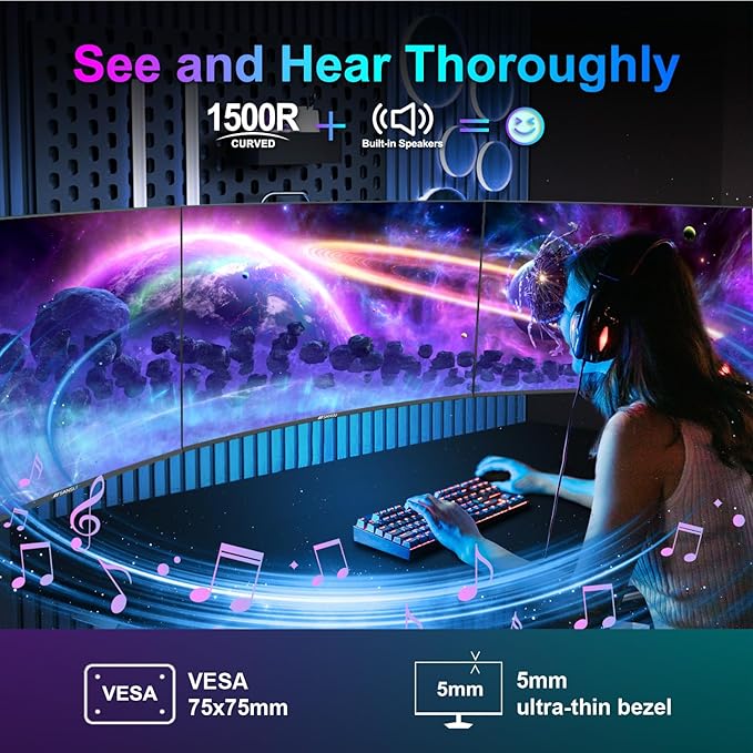 SANSUI Curved Monitor 24 inch 100Hz USB Type-C Computer Monitor with Built-in Speakers- MPRT 1ms,Adaptive Sync,HDR,1500R,VESA 75x75mm Compatible, for Home and Office(ES-24C1)