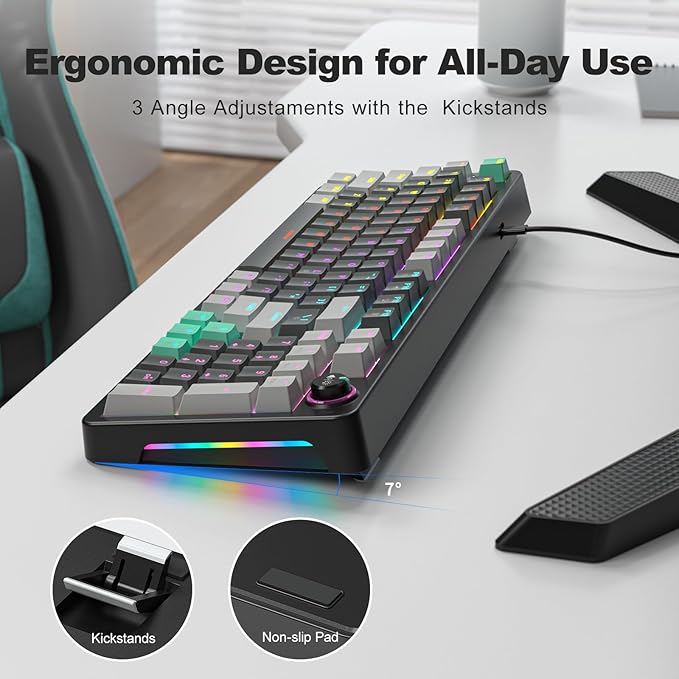 GEEZER Mechanical Gaming Keyboard with LED Backlit, Blue Switch, Volume Knob, 96 Keys Full Size Compact USB Wired Computer Keyboards for Office Windows Laptop PC & Mac Gamer - Grey & Black