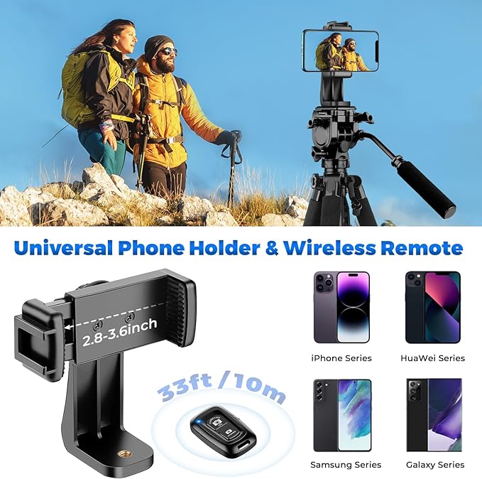 Camera Tripod, 75” Heavy Duty Tripod for Camera with Phone Holder and Travel Bag, Compatible with Video Camera, DSLR, Spotting Scopes, Camcorder, GoPro, Cell Phone, Max Load 16LB (Black)