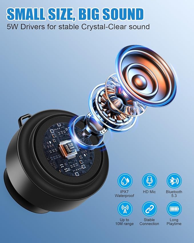 Shower Speaker Bluetooth Waterproof, Portable Mini Bluetooth Shower Speakers Waterproof with Suction Up and Clip, IPX7 Waterproof Floating Bathroom Speaker for Pool Beach Kayak, Beach Gifts（Black