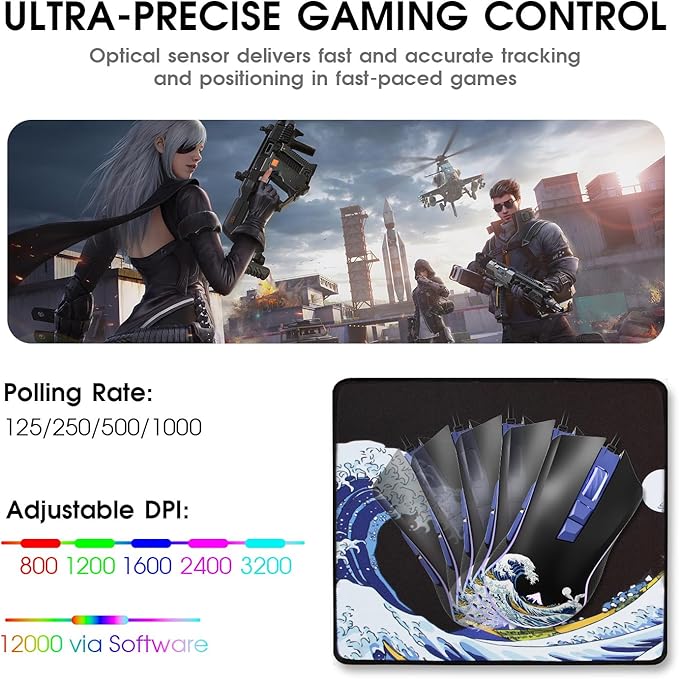 XVX Wired Gaming Mouse, 12000 DPI RGB Mouse with 12 Backlit Modes & 7 Macro Buttons, PC Gaming Mice Support DIY Keybinding, Gamer Computer Mice for Laptop PC Mac Windows, Kanagawa