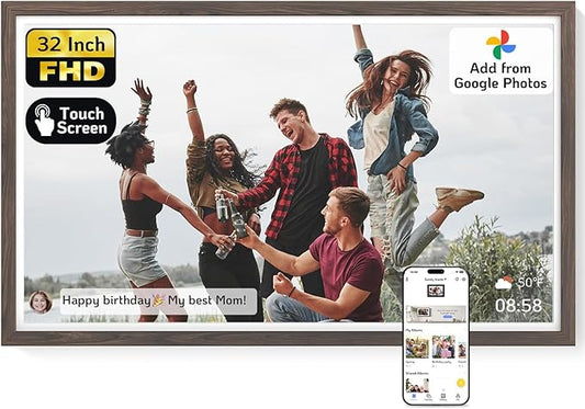 NexFoto Large Digital Picture Frame 32 Inch Touchscreen, 64GB FHD 1920 * 1080 WiFi Digital Photo Frame, Add Photos from Google Photos, Share Videos, for Housewarming/Wedding/Birthday, Dark Wood