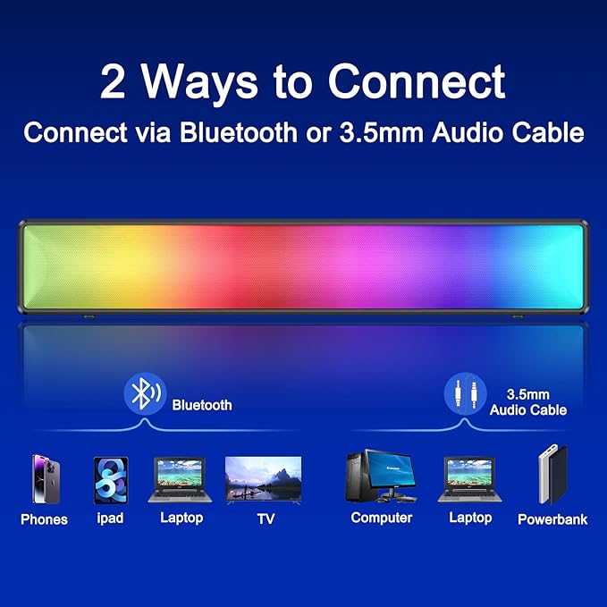 AFK Computer Speakers, Computer Sound Bar with RGB Lights, USB Powered PC Speakers with Stereo Sound, Bluetooth 5.1 and 3.5mm Aux-in,Gaming Speakers for Desktop