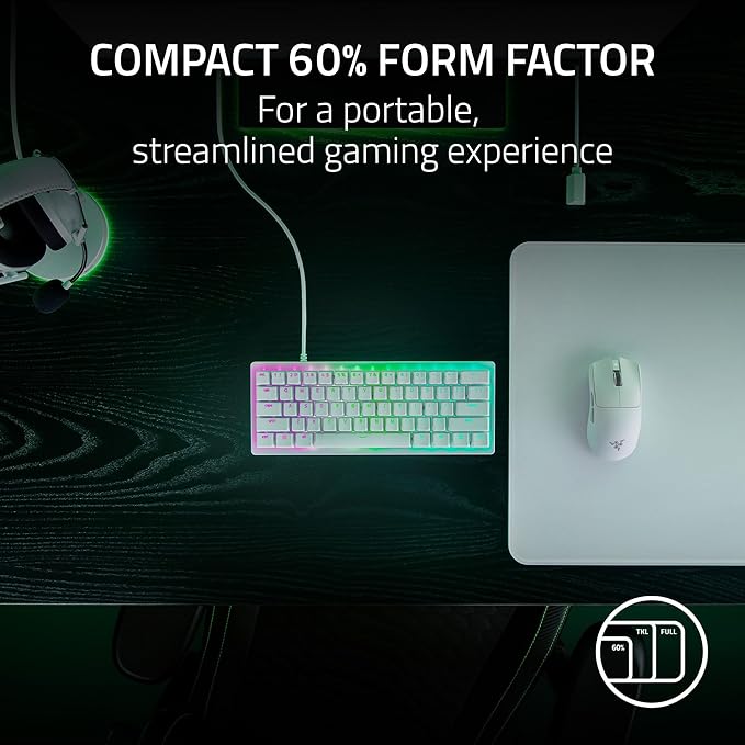 Razer Huntsman V3 Pro Mini 60% Esports Gaming Keyboard: Analog Optical Switches Snap Tap - Rapid Trigger - Adjustable Actuation - Dual-Purpose Mod Keys - Doubleshot PBT Keycaps - White