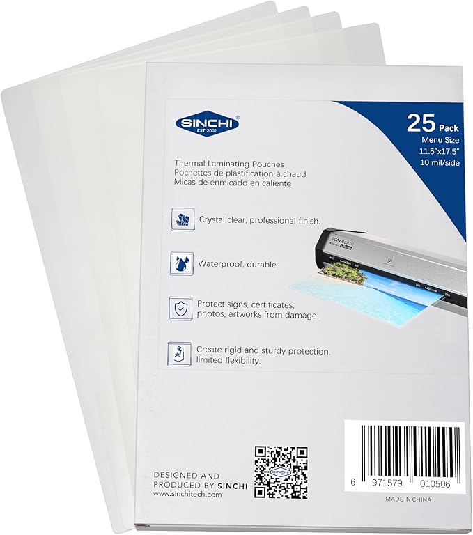 SINCHI Thermal Laminating Pouch, 10 mil per Side, 11.5x17.5-Inches Menu Size, 25pcs Pack, Ultra Clear & Sturdy Laminating Sheets