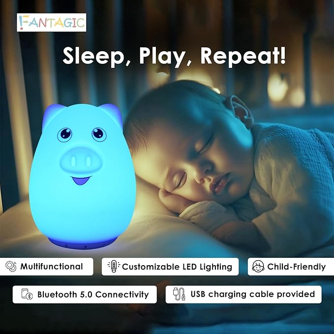 Combined Bluetooth Speaker & Nightlight With 9 Color Emissions, Child Friendly Silicone & BPA Free, USB Recharging, Receives Audio From Computer, Phone Or Tablet, and includes Remote Control (Pig)