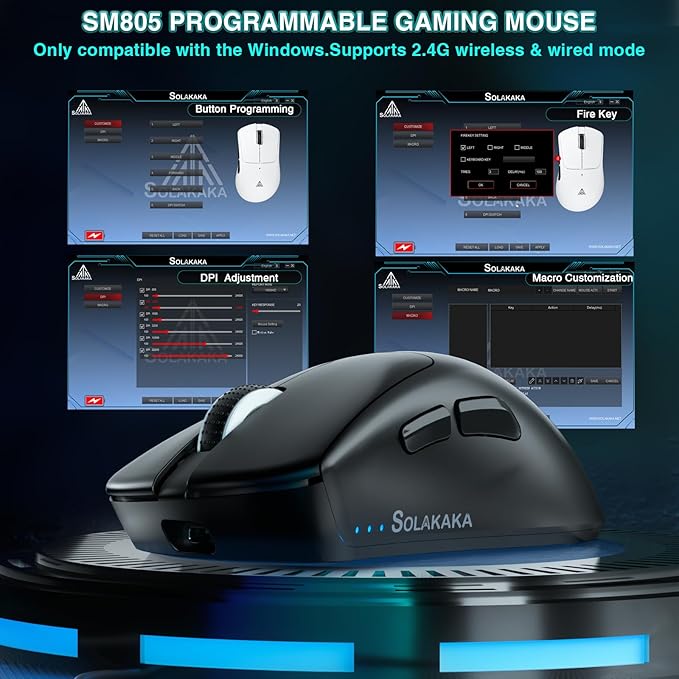 SM805 Lightweight Wireless Gaming Mouse,24000 DPI,Tri-Modes Connection,BT5.0/Type-C Wired/2.4G Wireless Mouse Gaming with 2 Side Buttons, Engineering Grip Custom Mouse for Gamer,Black