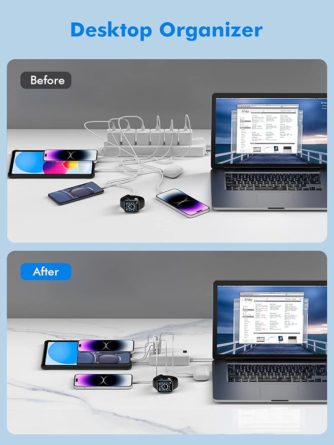 6 Port USB Charger Station - USB C Charging Hub for Multiple Devices, iPhone 14/13 Pro Max/13 Pro/13, iPad Pro, Switch, Galaxy S21 (White)
