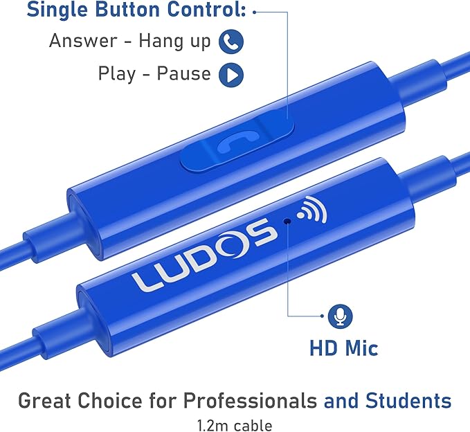 LUDOS OMNITONE Wired Earbuds in-Ear Headphones, 5 Years Warranty, Earphones with Microphone, 3.5 mm Jack Corded Ear Buds, Videoconference for iPhone, Samsung, Laptop, Kids, School Students - Blue
