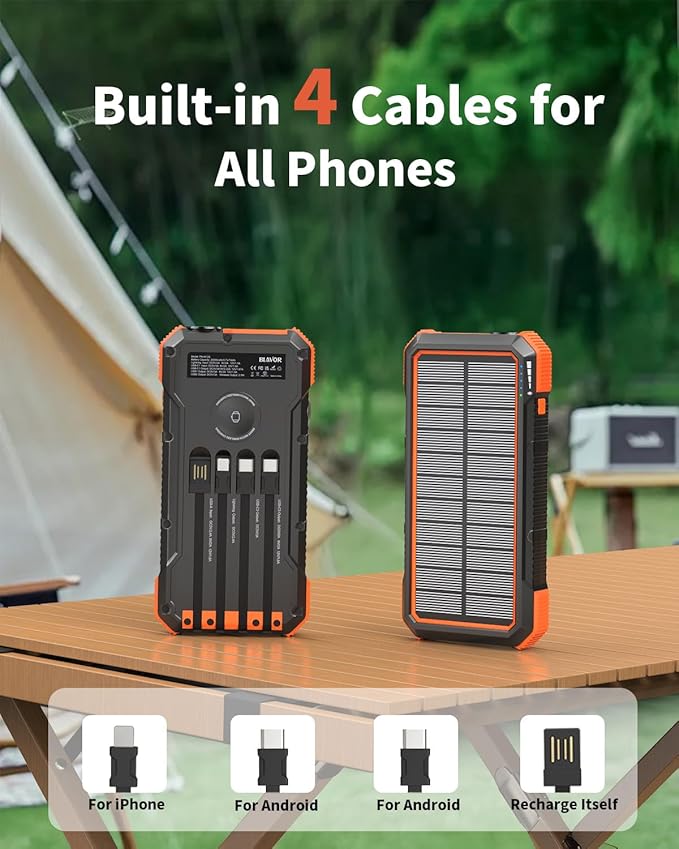 BLAVOR Solar Power Bank 74000mWh/20000mAh Built-in 4 Cables, 20W Fast Charging Portable Charger with USB C in/Output, Battery Pack for iPhone 16/15/14/13/12/11, iPad, Apple Watch, All Mobile Phones