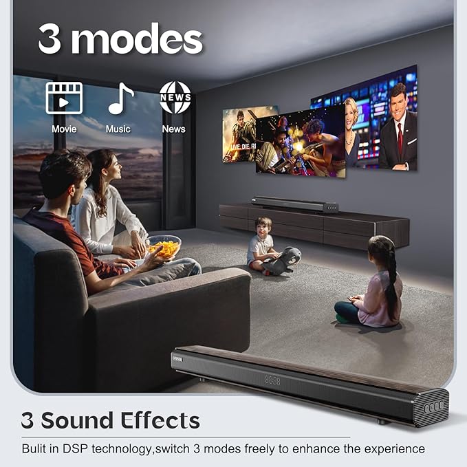 Soundbar, 100Watts-32 Inches Sound Bar for Smart TV, with 6 Built-in Speakers (2 Surround Bass),3EQ Modes, Bluetooth Sound Bar with HDMI(ARC), Optical, AUX, COA and USB Inputs (Wood Color)