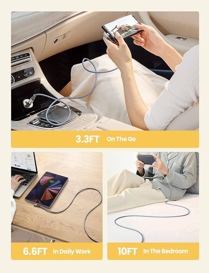 AINOPE USB C Cable to USB C 60W 3-Pack 3.3FT+6.6FT+10FT Nylon Braided Type C Charger Fast Charging Right Angle USBC to USBC Cable Charger Cord for iPhone 16 Pro Max 15 Samsung S25 Ultra S24 iPad Pro