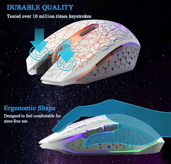 VEGCOO C10 Wireless Gaming Mouse, Rechargeable Gaming Mouse, Silent Optical Mice with 2.4G USB Receiver, 3 Ajustable DPI, 7 Colorful LED Lights for Gamer (White)