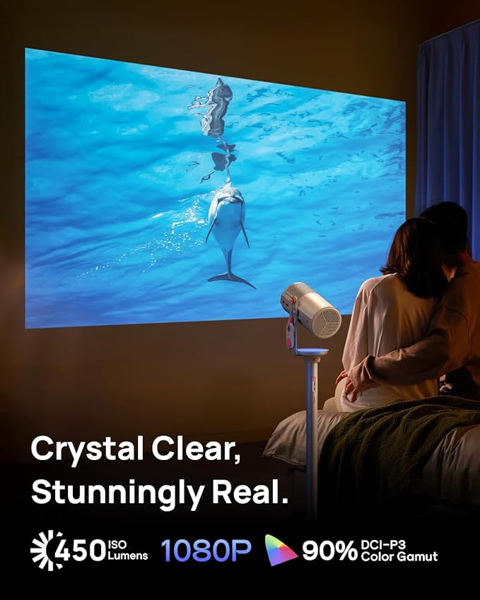 XGIMI MoGo 4 2025 NEW Portable Projector with PowerBase Stand, 5 Hours of Playtime, Google TV with Licensed Netflix, 360° Adjustable Stand, 450 ISO Lumens, 2 x 6W Harman Kardon