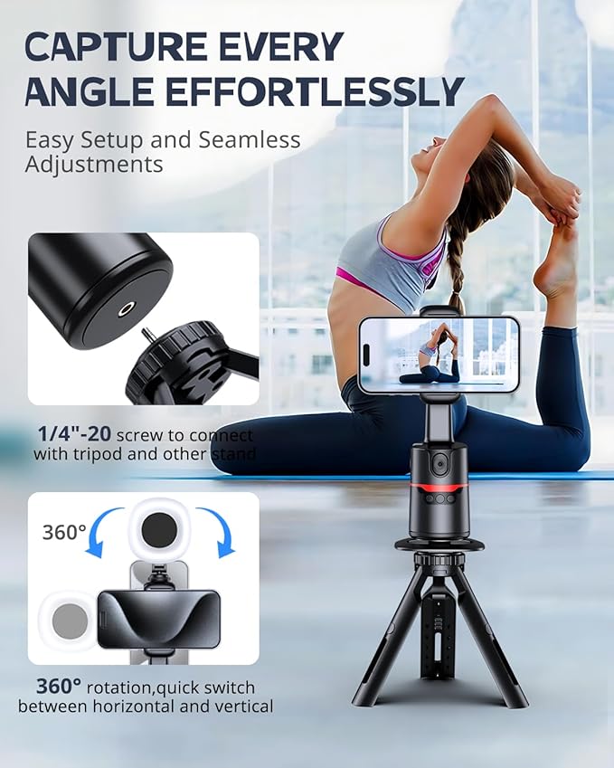UBeesize Auto Face Tracking Tripod with Adjustable Desk Tripod, 360° Rotating vlogging kit for iPhone with Remote & Gesture Control, Rechargeable Selfie Fill Light, No App Required