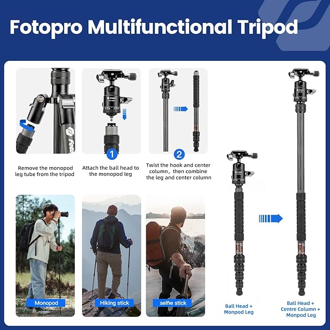 Fotopro 60inch Carbon Fiber Tripod Compact Camera Tripod with Ball Head Quick Release Plate Detachable Monopod Load up to 17.63lbs X-go E 2 Carbon Fiber Black