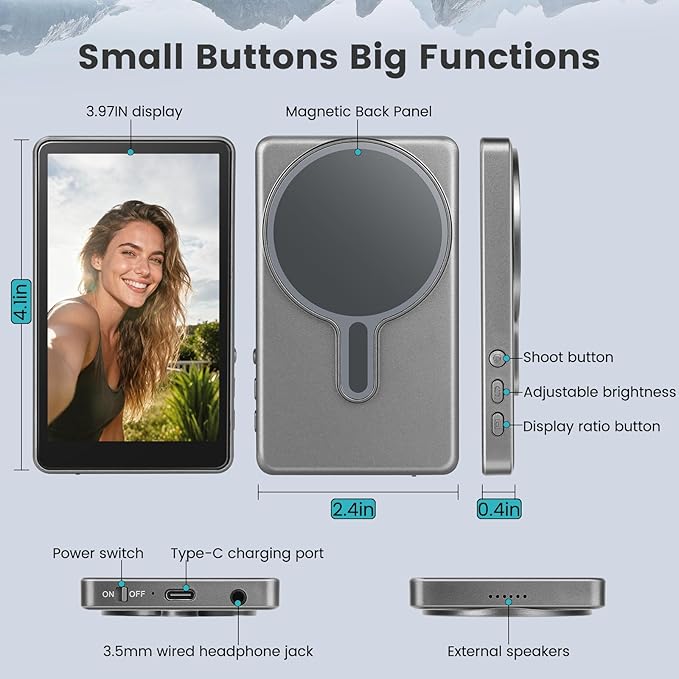 AFFLAT Magnetic Phone Vlog Selfie Monitor Screen with Photo Function and External Speaker, Back Camera Selfie Monitor with Bluetooth Remote Control, Compatible with iPhone and Android Systems