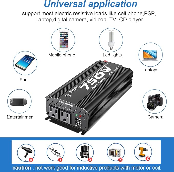 750W Black Car Power Inverter, 12V to 110V/120V, 2 AC Outlets, 2 USB Ports, Battery Clamps, Ideal for Vehicles, Trucks, Camping